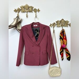 🌺 Women's Red Houndstooth Double-Breasted Blazer S ptp 19” l 36”